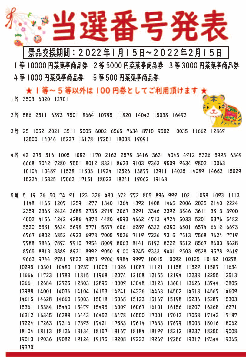 年末年始 菜菓亭 大抽選券 当選者発表！！ - 新潟菓子工房菜菓亭 – お
